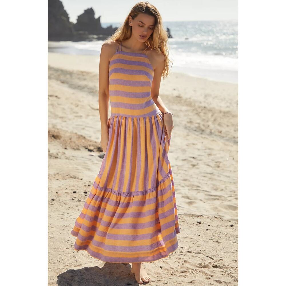 Anthropologie Grommet Halter Orange Purple Linen Blend Maxi Dress Medium - Picture 2 of 13